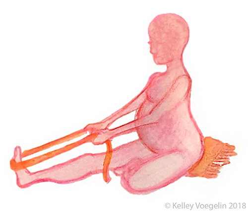 Pregnant women can modify seated poses with a blanket. illustration of pregnant woman in seated yoga pose modification
