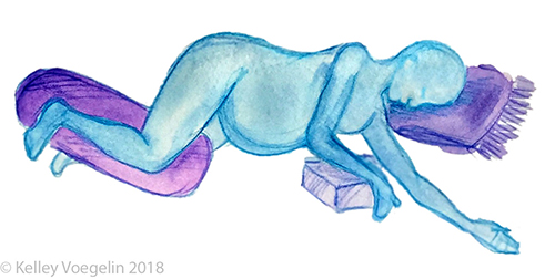 Pregnant women can modify the corpse yoga pose by lying on their side. illustration of pregnant woman modifying corpse pose