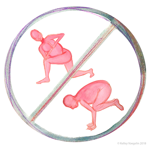 Twists and belly down yoga poses should be avoided in pregnancy. illustration of yoga poses to avoid in pregnancy